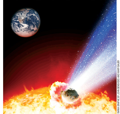 The probable cause of the Warning: comet hits sun; most people will believe this cataclysm is the end of the world